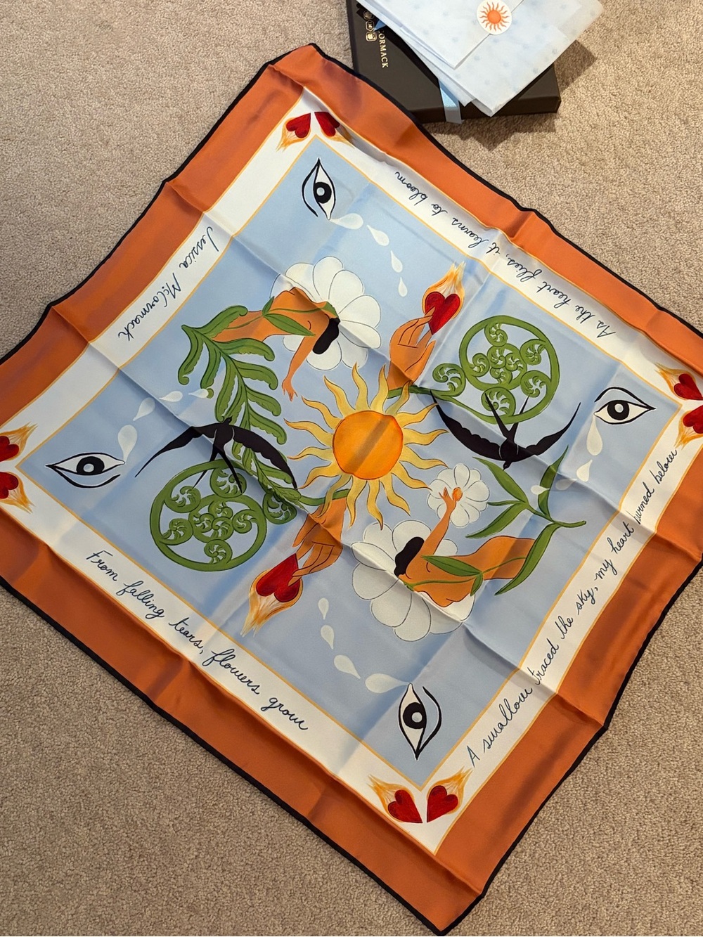 Silk Floral Sun Print Scarf - Orange & Light Blue - Picture 2 of 4